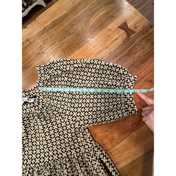 Polagram Boho Black Cream Floral Textured Puff Sleeve Tiered Babydoll Midi Dress - Picture 12 of 13